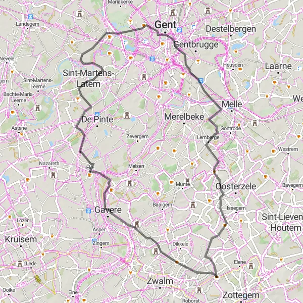 Map miniature of "Velzeke-Ruddershove to Moortsele" cycling inspiration in Prov. Oost-Vlaanderen, Belgium. Generated by Tarmacs.app cycling route planner