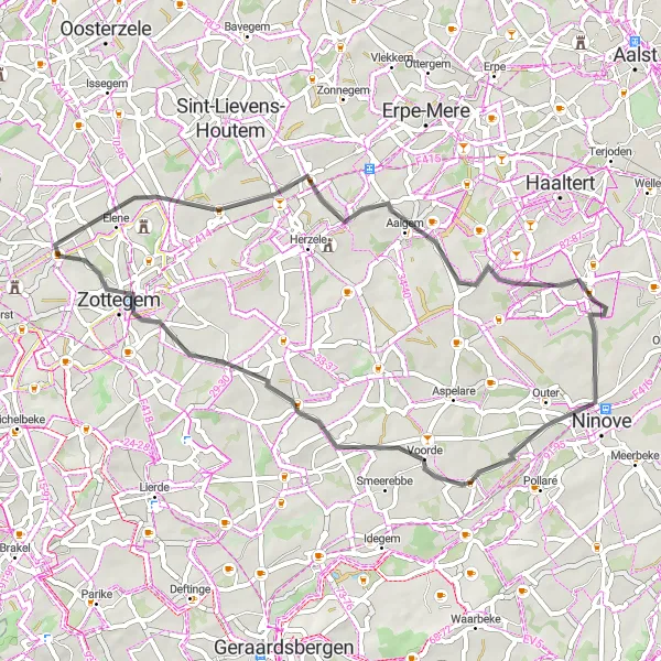 Map miniature of "The Road of History" cycling inspiration in Prov. Oost-Vlaanderen, Belgium. Generated by Tarmacs.app cycling route planner