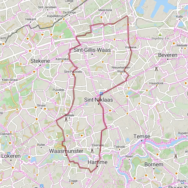 Map miniature of "Scenic Gravel Delight" cycling inspiration in Prov. Oost-Vlaanderen, Belgium. Generated by Tarmacs.app cycling route planner