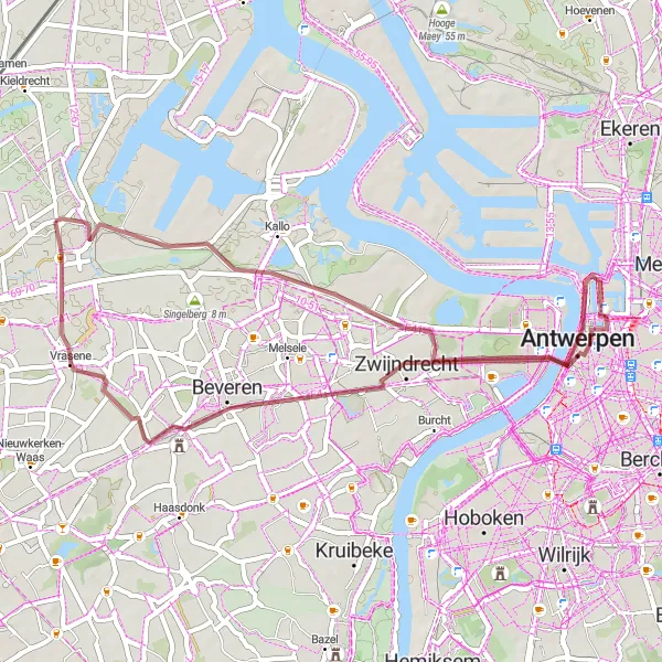 Miniatuurkaart van de fietsinspiratie "Gravelrit van Verrebroek naar Antwerpen" in Prov. Oost-Vlaanderen, Belgium. Gemaakt door de Tarmacs.app fietsrouteplanner