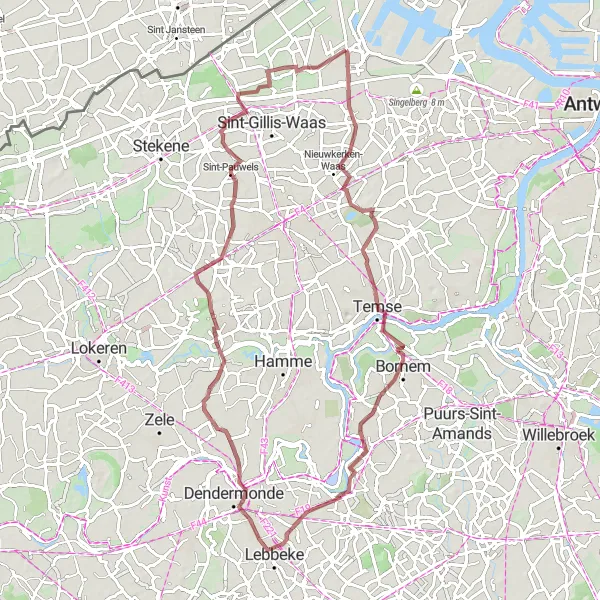 Karten-Miniaturansicht der Radinspiration "Velle-Sint-Gillis-bij-Dendermonde-Runde" in Prov. Oost-Vlaanderen, Belgium. Erstellt vom Tarmacs.app-Routenplaner für Radtouren