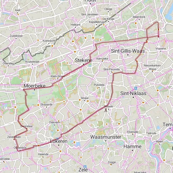 Miniature de la carte de l'inspiration cycliste "Parcours de gravel de 69 km autour de Verrebroek via Sint-Pauwels et Stekene" dans la Prov. Oost-Vlaanderen, Belgium. Générée par le planificateur d'itinéraire cycliste Tarmacs.app