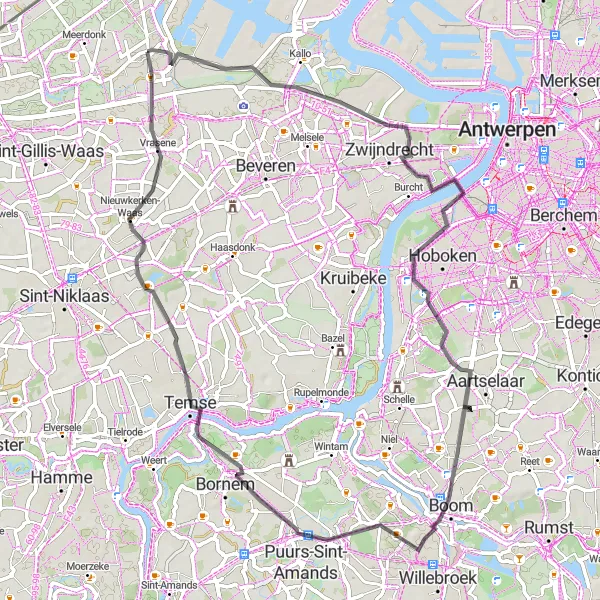 Map miniature of "The Road to Verrebroek" cycling inspiration in Prov. Oost-Vlaanderen, Belgium. Generated by Tarmacs.app cycling route planner