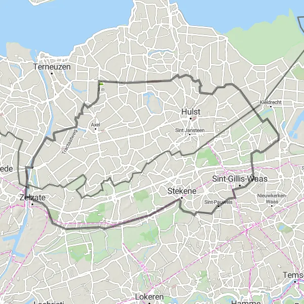 Miniatuurkaart van de fietsinspiratie "Belterrit van Verrebroek naar Sint-Pauwels" in Prov. Oost-Vlaanderen, Belgium. Gemaakt door de Tarmacs.app fietsrouteplanner