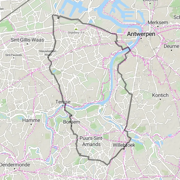 Miniatuurkaart van de fietsinspiratie "Kastelenrit van Verrebroek naar Zwijndrecht" in Prov. Oost-Vlaanderen, Belgium. Gemaakt door de Tarmacs.app fietsrouteplanner