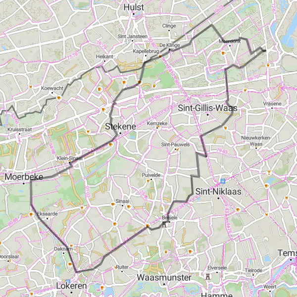 Miniatuurkaart van de fietsinspiratie "Rondrit van Verrebroek naar Hoogeinde" in Prov. Oost-Vlaanderen, Belgium. Gemaakt door de Tarmacs.app fietsrouteplanner