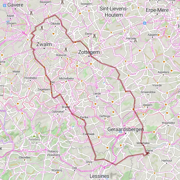 Map miniature of "Deux-Acren - Parikeberg - Leberg - Sint-Maria-Latem - Zottegem - Schendelbeke - Moerbeke Gravel Route" cycling inspiration in Prov. Oost-Vlaanderen, Belgium. Generated by Tarmacs.app cycling route planner