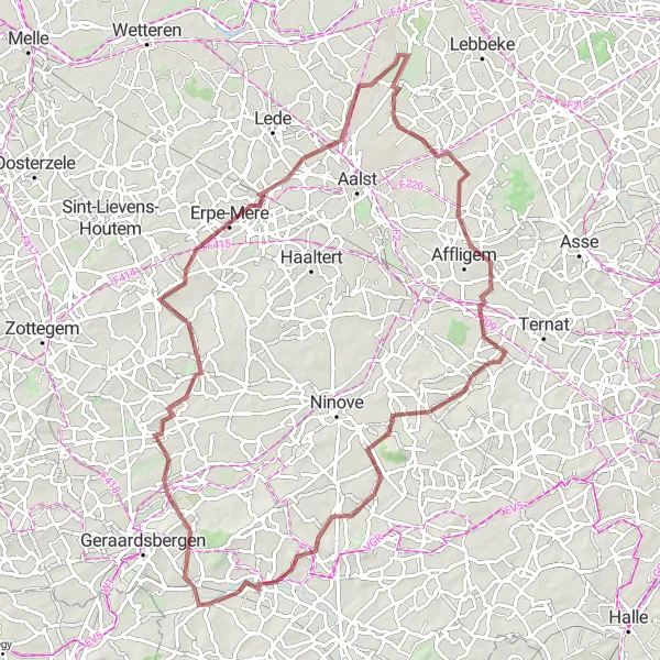 Miniatuurkaart van de fietsinspiratie "Gravelroute door het groene hart van Oost-Vlaanderen" in Prov. Oost-Vlaanderen, Belgium. Gemaakt door de Tarmacs.app fietsrouteplanner