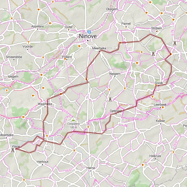 Miniatuurkaart van de fietsinspiratie "47 km Gravel Fietsen van Viane naar Congoberg" in Prov. Oost-Vlaanderen, Belgium. Gemaakt door de Tarmacs.app fietsrouteplanner