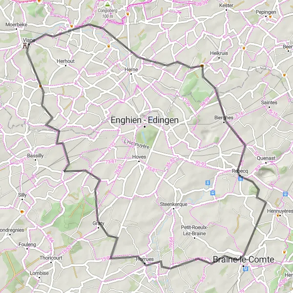 Karten-Miniaturansicht der Radinspiration "Rundfahrt von Viane über Horrues nach Bever - Biévène" in Prov. Oost-Vlaanderen, Belgium. Erstellt vom Tarmacs.app-Routenplaner für Radtouren