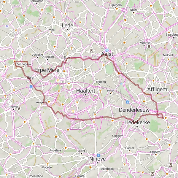 Miniature de la carte de l'inspiration cycliste "La boucle des trois villes" dans la Prov. Oost-Vlaanderen, Belgium. Générée par le planificateur d'itinéraire cycliste Tarmacs.app