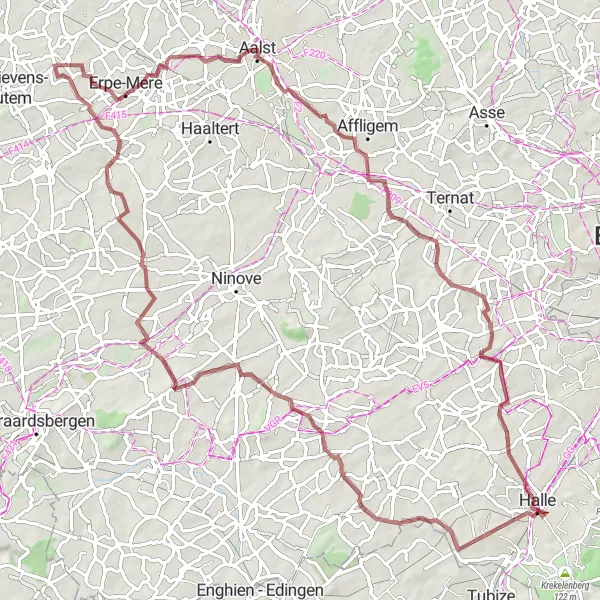Miniature de la carte de l'inspiration cycliste "Tour Alost-Heikruis" dans la Prov. Oost-Vlaanderen, Belgium. Générée par le planificateur d'itinéraire cycliste Tarmacs.app