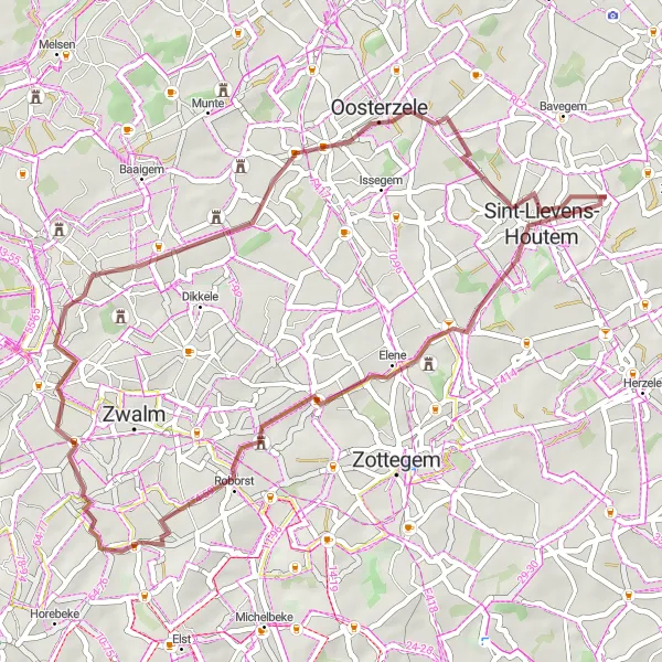 Miniatuurkaart van de fietsinspiratie "Gravelroute door Velzeke-Ruddershove en Scheldewindeke" in Prov. Oost-Vlaanderen, Belgium. Gemaakt door de Tarmacs.app fietsrouteplanner