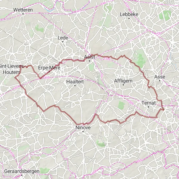 Map miniature of "Hilltops and Villages" cycling inspiration in Prov. Oost-Vlaanderen, Belgium. Generated by Tarmacs.app cycling route planner