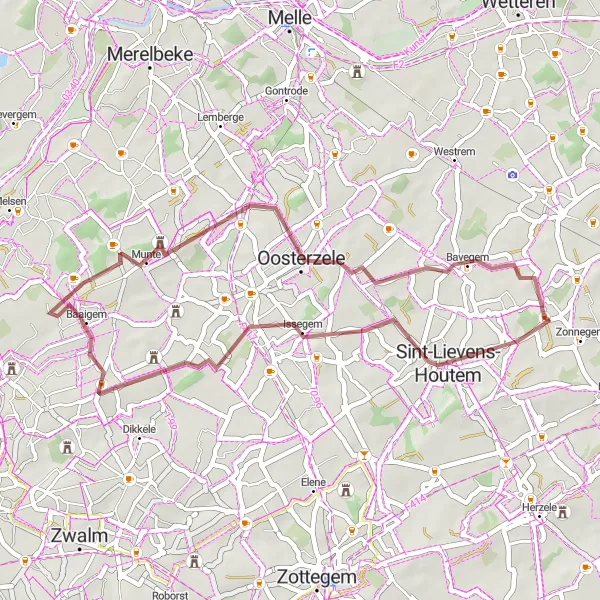 Miniature de la carte de l'inspiration cycliste "Les routes en gravier de Vlierzele" dans la Prov. Oost-Vlaanderen, Belgium. Générée par le planificateur d'itinéraire cycliste Tarmacs.app