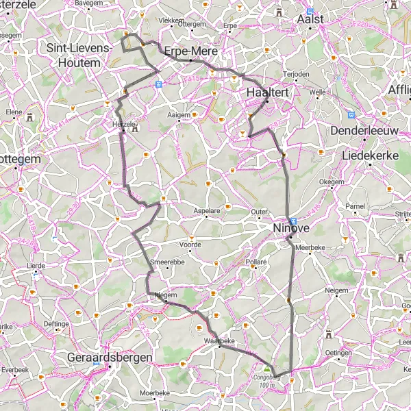 Karten-Miniaturansicht der Radinspiration "Bergauf-Bergab-Road-Tour von Vlierzele" in Prov. Oost-Vlaanderen, Belgium. Erstellt vom Tarmacs.app-Routenplaner für Radtouren