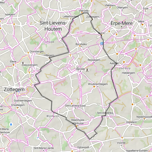 Map miniature of "Burst Loop" cycling inspiration in Prov. Oost-Vlaanderen, Belgium. Generated by Tarmacs.app cycling route planner