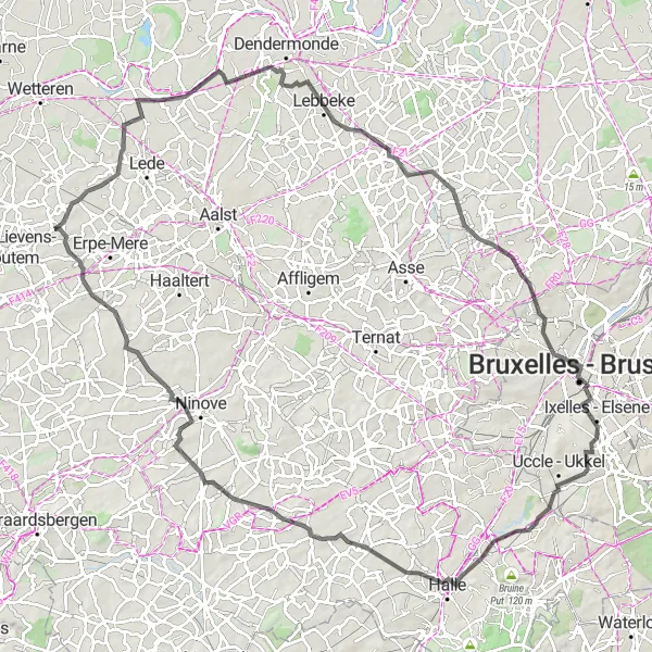 Miniature de la carte de l'inspiration cycliste "L'aventure cycliste autour de Vlierzele" dans la Prov. Oost-Vlaanderen, Belgium. Générée par le planificateur d'itinéraire cycliste Tarmacs.app