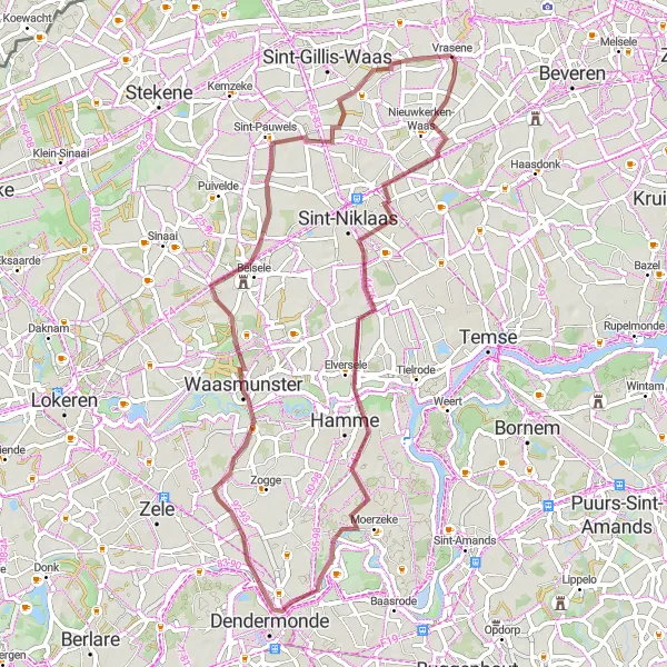 Miniature de la carte de l'inspiration cycliste "Aventure en Gravel à Vrasene" dans la Prov. Oost-Vlaanderen, Belgium. Générée par le planificateur d'itinéraire cycliste Tarmacs.app