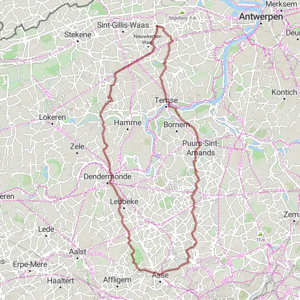 Miniatuurkaart van de fietsinspiratie "Gravelroute via Buitenland en Sint-Niklaas" in Prov. Oost-Vlaanderen, Belgium. Gemaakt door de Tarmacs.app fietsrouteplanner