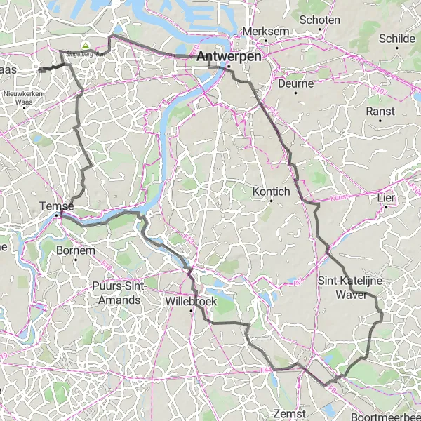 Miniatuurkaart van de fietsinspiratie "Uitdagende roadtrip met hoogtepunten bij Vogelkijkhut en Buitenland" in Prov. Oost-Vlaanderen, Belgium. Gemaakt door de Tarmacs.app fietsrouteplanner