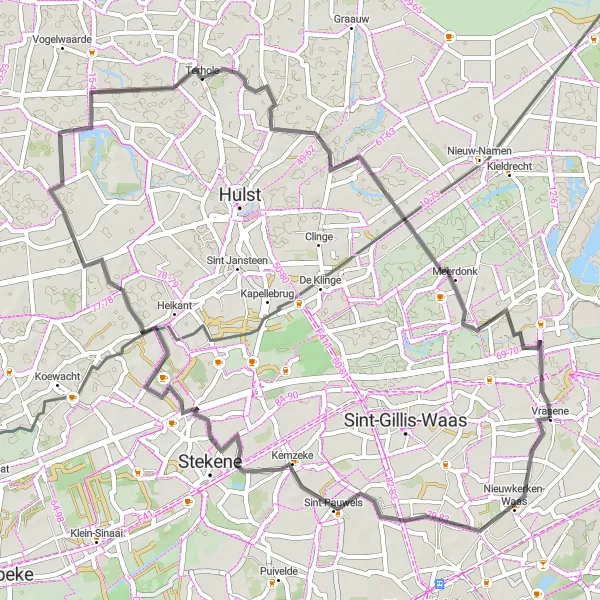 Map miniature of "Road Cycling Loop around Vrasene" cycling inspiration in Prov. Oost-Vlaanderen, Belgium. Generated by Tarmacs.app cycling route planner