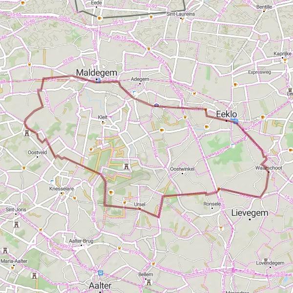 Miniatuurkaart van de fietsinspiratie "Kastelen en Natuur in Lievegem" in Prov. Oost-Vlaanderen, Belgium. Gemaakt door de Tarmacs.app fietsrouteplanner