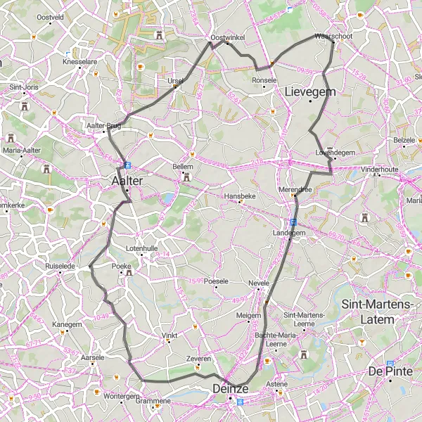 Miniature de la carte de l'inspiration cycliste "Tour de Waarschoot à Ronsele" dans la Prov. Oost-Vlaanderen, Belgium. Générée par le planificateur d'itinéraire cycliste Tarmacs.app