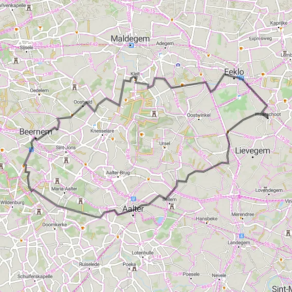 Karten-Miniaturansicht der Radinspiration "Rundtour durch Waarschoot und Aalter" in Prov. Oost-Vlaanderen, Belgium. Erstellt vom Tarmacs.app-Routenplaner für Radtouren