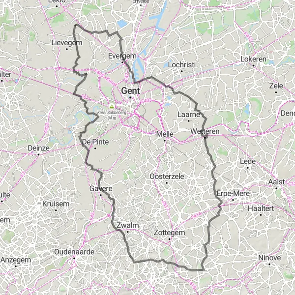 Miniature de la carte de l'inspiration cycliste "Défi de Wetteren à Sint-Martens-Latem" dans la Prov. Oost-Vlaanderen, Belgium. Générée par le planificateur d'itinéraire cycliste Tarmacs.app