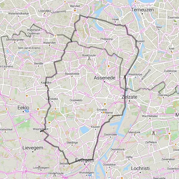 Miniature de la carte de l'inspiration cycliste "Tour de Kaprijke et Sas van Gent" dans la Prov. Oost-Vlaanderen, Belgium. Générée par le planificateur d'itinéraire cycliste Tarmacs.app