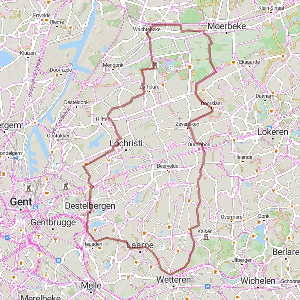 Karten-Miniaturansicht der Radinspiration "Gravelabenteuer durch Laarne und Destelbergen" in Prov. Oost-Vlaanderen, Belgium. Erstellt vom Tarmacs.app-Routenplaner für Radtouren