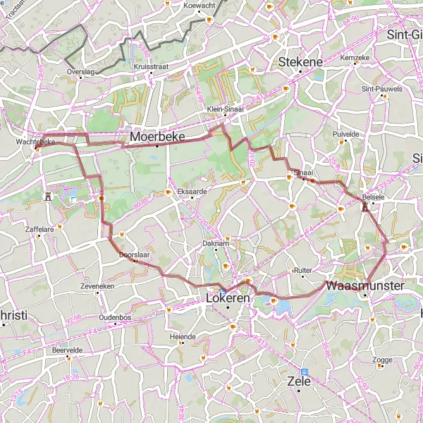 Map miniature of "Sinaai Gravel Loop" cycling inspiration in Prov. Oost-Vlaanderen, Belgium. Generated by Tarmacs.app cycling route planner