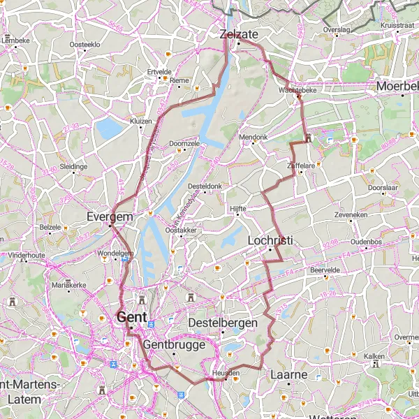 Miniatuurkaart van de fietsinspiratie "Grindweg van Wachtebeke naar Zelzate" in Prov. Oost-Vlaanderen, Belgium. Gemaakt door de Tarmacs.app fietsrouteplanner