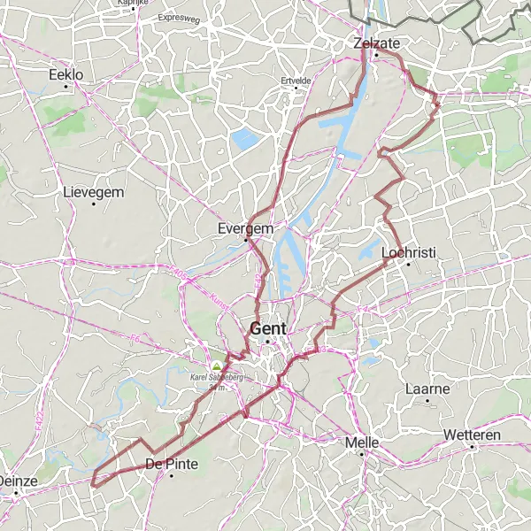 Miniatuurkaart van de fietsinspiratie "Graveltocht door landelijk Vlaanderen" in Prov. Oost-Vlaanderen, Belgium. Gemaakt door de Tarmacs.app fietsrouteplanner