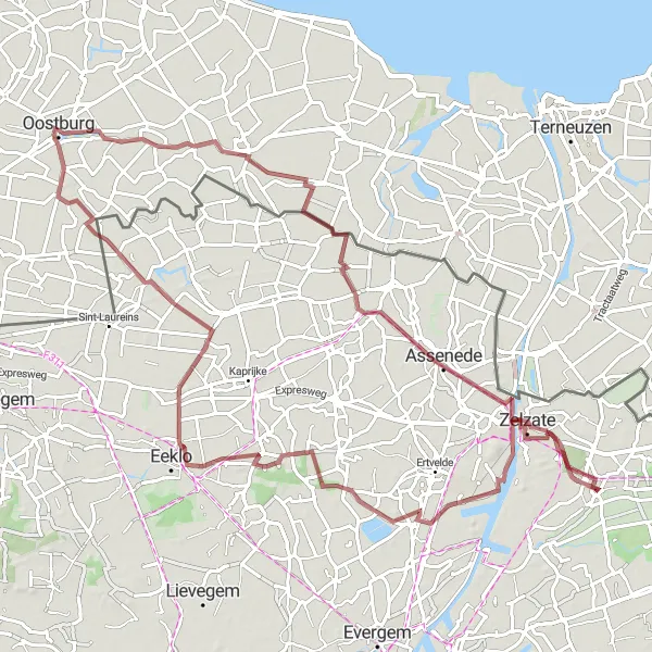 Map miniature of "The Gravel Adventure" cycling inspiration in Prov. Oost-Vlaanderen, Belgium. Generated by Tarmacs.app cycling route planner