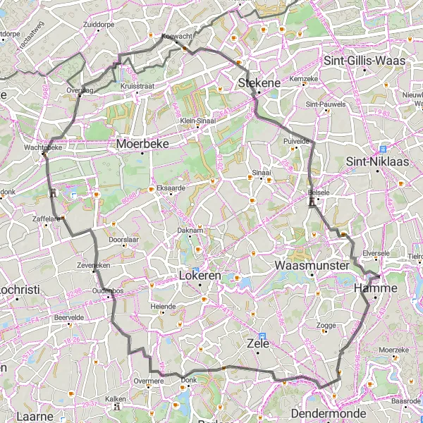 Miniature de la carte de l'inspiration cycliste "Tour des villages flamands à vélo" dans la Prov. Oost-Vlaanderen, Belgium. Générée par le planificateur d'itinéraire cycliste Tarmacs.app