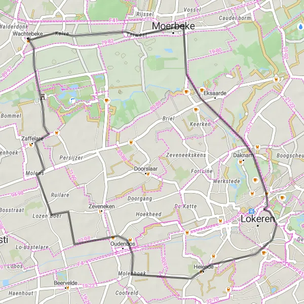Karten-Miniaturansicht der Radinspiration "Schlossrunde über Moerbeke und Heiende" in Prov. Oost-Vlaanderen, Belgium. Erstellt vom Tarmacs.app-Routenplaner für Radtouren