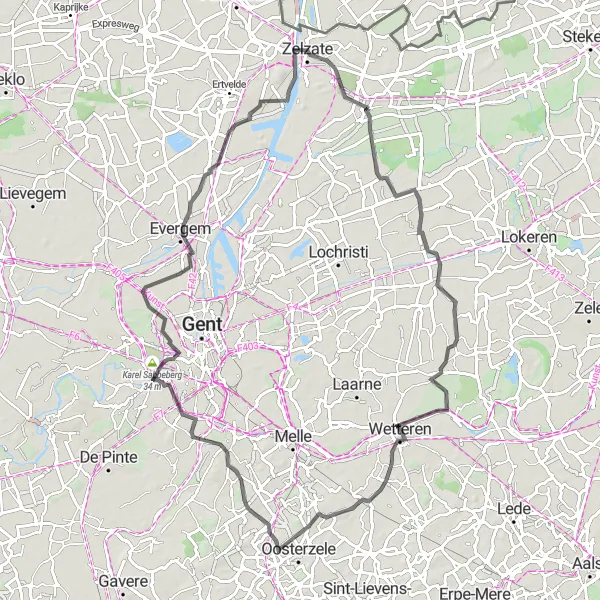 Map miniature of "The Hill Challenge" cycling inspiration in Prov. Oost-Vlaanderen, Belgium. Generated by Tarmacs.app cycling route planner