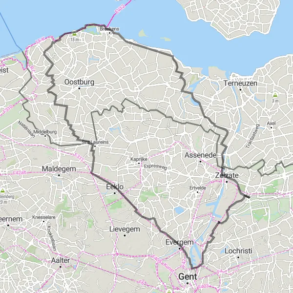 Miniature de la carte de l'inspiration cycliste "Le Tour des Pays-Bas belges" dans la Prov. Oost-Vlaanderen, Belgium. Générée par le planificateur d'itinéraire cycliste Tarmacs.app