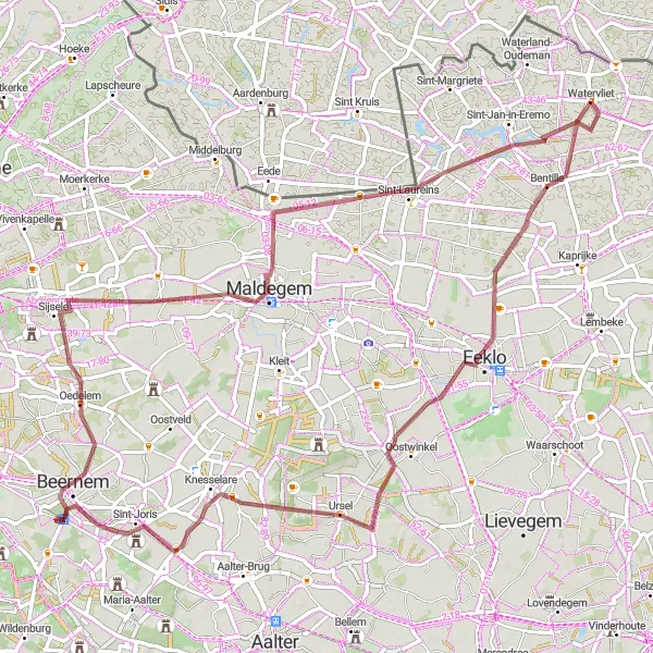 Map miniature of "Scenic Gravel Ride" cycling inspiration in Prov. Oost-Vlaanderen, Belgium. Generated by Tarmacs.app cycling route planner