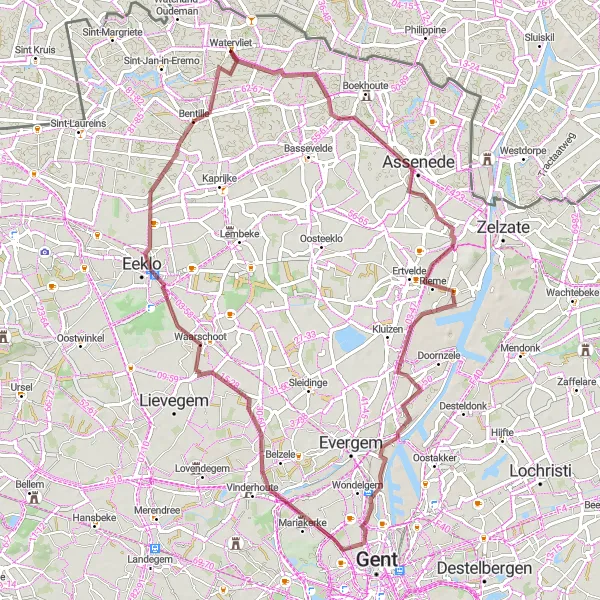 Miniatuurkaart van de fietsinspiratie "Avontuurlijk gravelavontuur in Oost-Vlaanderen" in Prov. Oost-Vlaanderen, Belgium. Gemaakt door de Tarmacs.app fietsrouteplanner