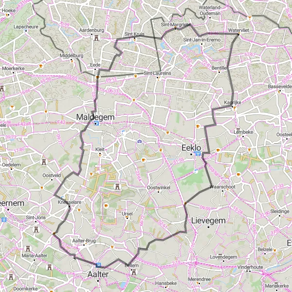 Miniatuurkaart van de fietsinspiratie "Ontdek de verborgen parels van Oost-Vlaanderen" in Prov. Oost-Vlaanderen, Belgium. Gemaakt door de Tarmacs.app fietsrouteplanner