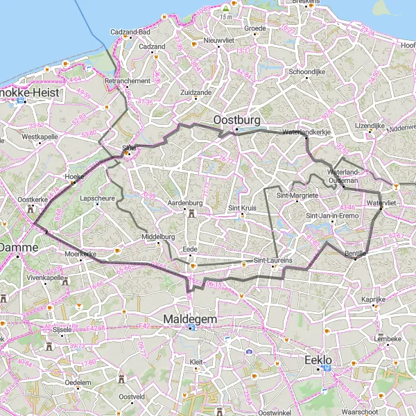 Miniatuurkaart van de fietsinspiratie "Wegavontuur van Bentille naar Waterlandkerkje" in Prov. Oost-Vlaanderen, Belgium. Gemaakt door de Tarmacs.app fietsrouteplanner