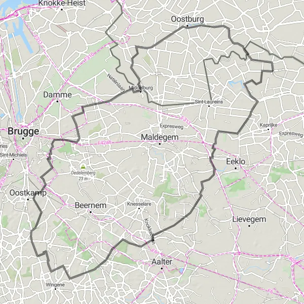 Miniatuurkaart van de fietsinspiratie "Fietsen door het platteland van Oost-Vlaanderen" in Prov. Oost-Vlaanderen, Belgium. Gemaakt door de Tarmacs.app fietsrouteplanner