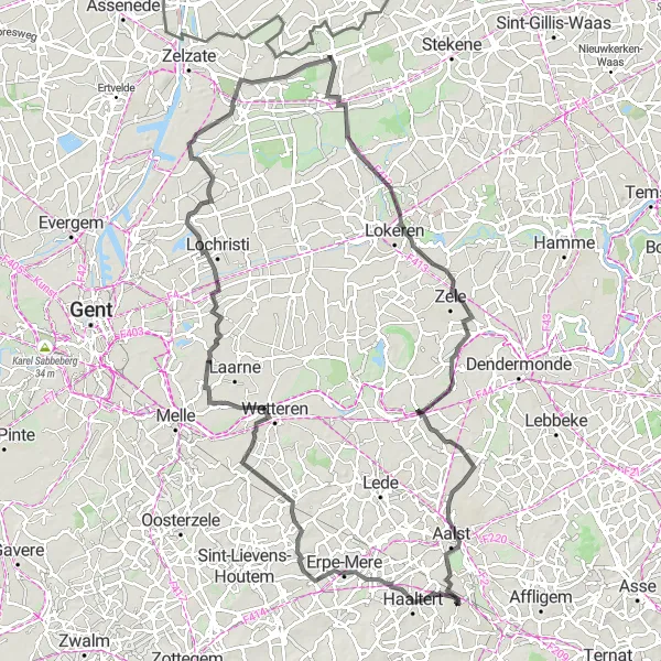 Map miniature of "Road Cycling Paradise" cycling inspiration in Prov. Oost-Vlaanderen, Belgium. Generated by Tarmacs.app cycling route planner