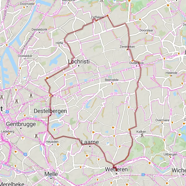 Map miniature of "Laarne to Kalken Circular Gravel Route" cycling inspiration in Prov. Oost-Vlaanderen, Belgium. Generated by Tarmacs.app cycling route planner