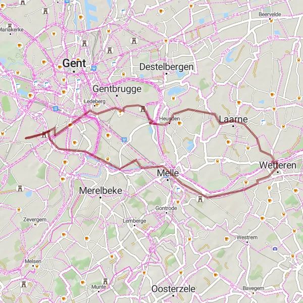 Map miniature of "Laarne to Melle Intense Gravel Adventure" cycling inspiration in Prov. Oost-Vlaanderen, Belgium. Generated by Tarmacs.app cycling route planner