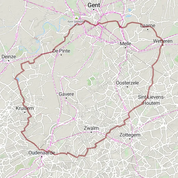 Map miniature of "The Flemish Ardennes Gravel Adventure" cycling inspiration in Prov. Oost-Vlaanderen, Belgium. Generated by Tarmacs.app cycling route planner