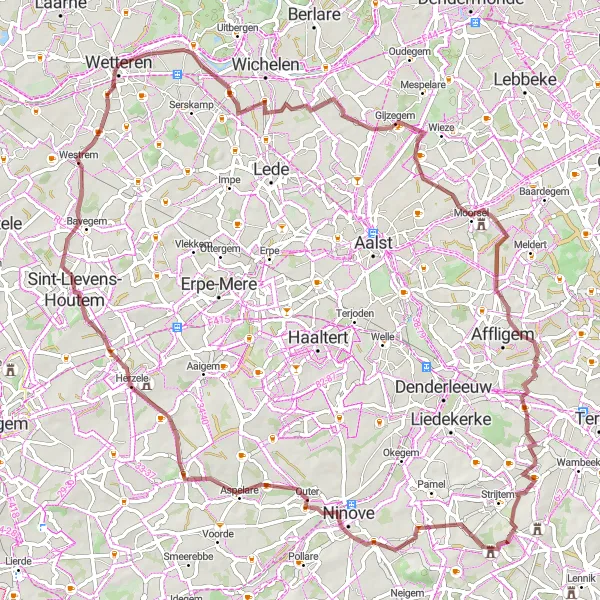 Karten-Miniaturansicht der Radinspiration "Rundfahrt von Wetteren nach Ninove und zurück" in Prov. Oost-Vlaanderen, Belgium. Erstellt vom Tarmacs.app-Routenplaner für Radtouren